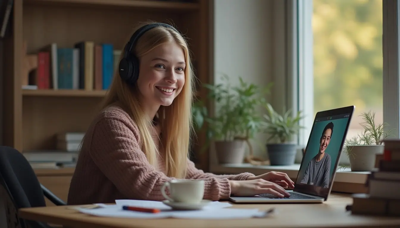 Nauka online - angielski dziewczyna z laptopem uczy sie nagielskiego